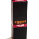 Closed Glenwood Pepperoni meat sticks display box with black packaging and red label.