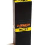 Glenwood Teriyaki meat sticks retail display box, closed, black with yellow branding.
