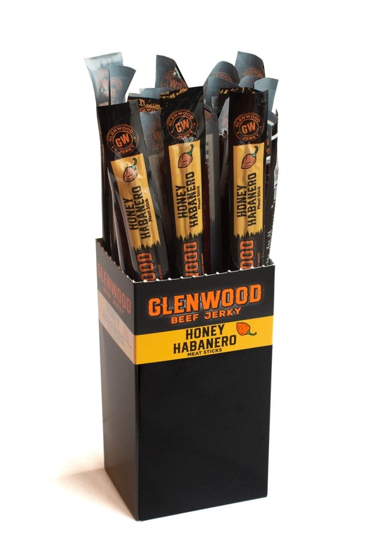 Glenwood Honey Habanero meat sticks display box with individually wrapped beef sticks on white background.