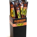 Glenwood Maui Sweet Onion Meat Sticks display box with individually wrapped sticks, ready for retail.