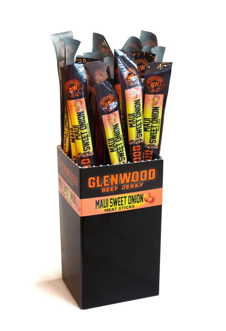 Glenwood Maui Sweet Onion Meat Sticks display box with individually wrapped sticks, ready for retail.