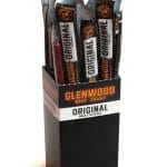 Glenwood Original meat sticks display box with individually wrapped beef sticks on white background.