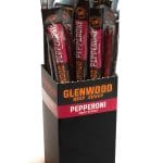 Glenwood Pepperoni meat sticks display box with individually wrapped beef sticks on white background.