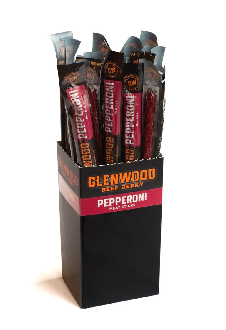 Glenwood Pepperoni meat sticks display box with individually wrapped beef sticks on white background.