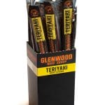 Glenwood Teriyaki meat sticks display box with individually wrapped sticks.