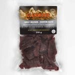Glenwood Sweet Bourbon Canadian beef jerky 230g package with dark jerky pieces in clear sealed bag.