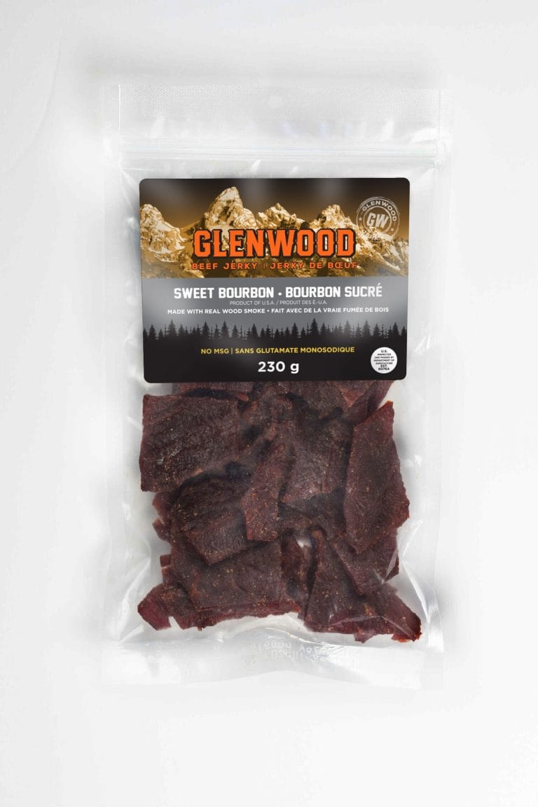 Glenwood Sweet Bourbon Canadian beef jerky 230g package with dark jerky pieces in clear sealed bag.