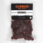 Glenwood Original beef jerky 10oz package with dark jerky pieces in clear vacuum-sealed bag.