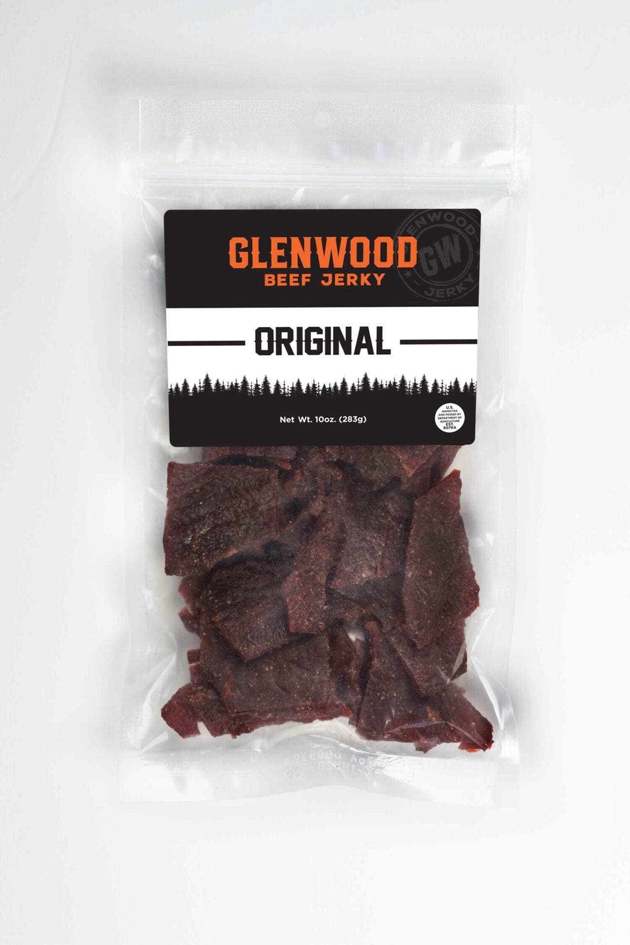 Original-10oz Glenwood Original beef jerky 10oz package with dark jerky pieces in clear vacuum-sealed bag.