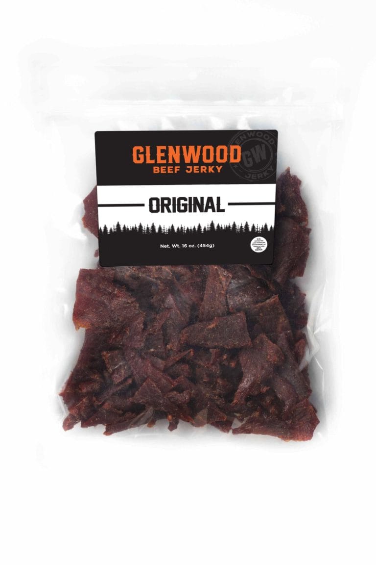 Glenwood Original beef jerky 16oz package with dark jerky pieces in a clear vacuum-sealed bag.