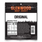 Back view of Glenwood Original beef jerky package showing nutrition facts, ingredients, and product story.