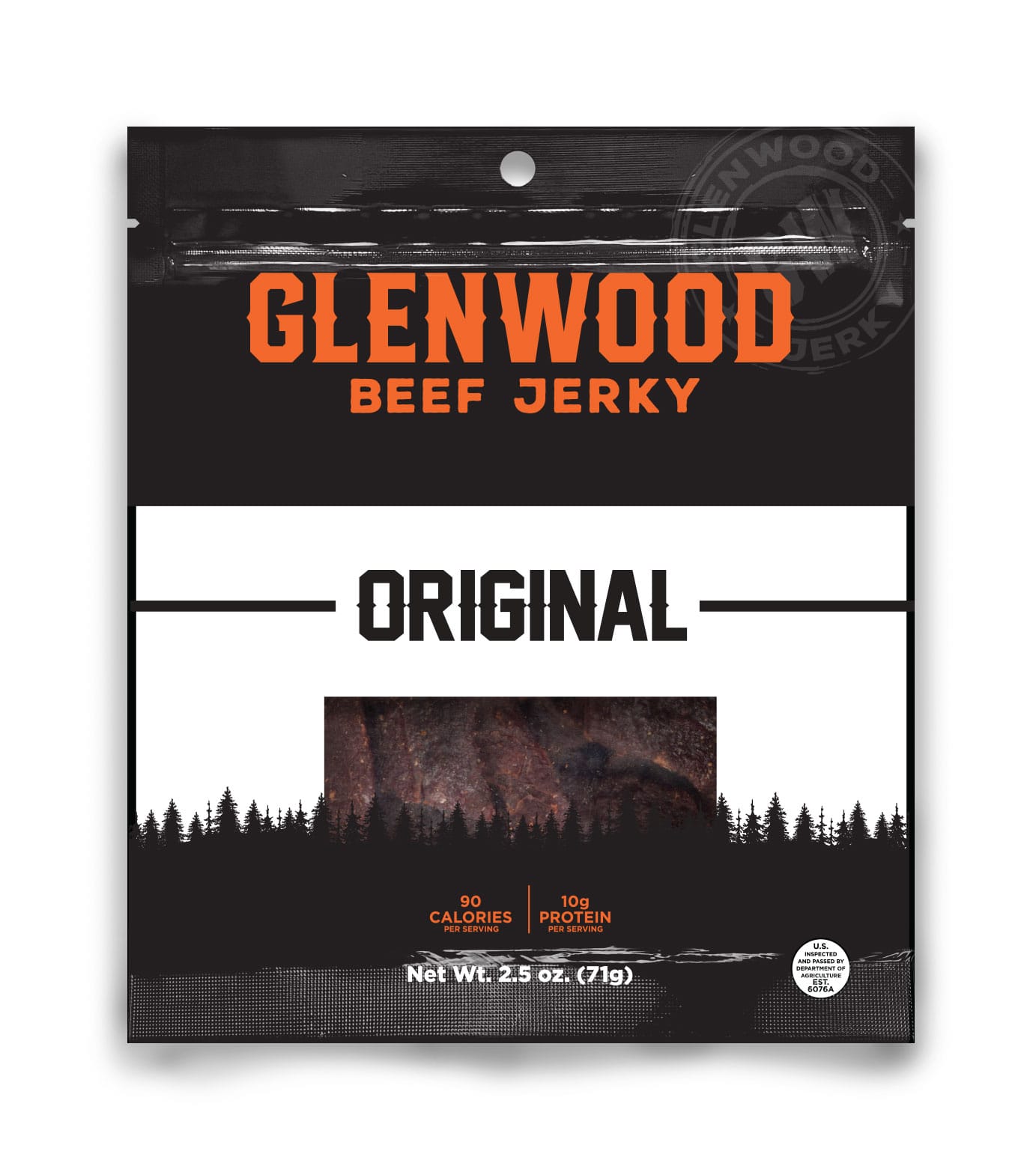 Original-2.5oz-Mockup Front view of Glenwood Original beef jerky 2.5oz package with black and white label design.