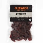 Glenwood Peppered Beef Jerky 10oz in clear resealable bag with black label and visible jerky pieces.