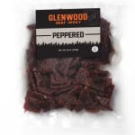 Glenwood Peppered beef jerky 16oz package with dark pepper-seasoned pieces in a clear vacuum-sealed bag.