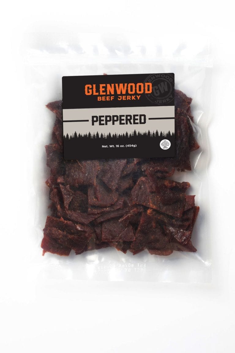 Glenwood Peppered beef jerky 16oz package with dark pepper-seasoned pieces in a clear vacuum-sealed bag.