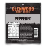Back view of Glenwood Peppered beef jerky package with nutrition facts, ingredients, and barcode.