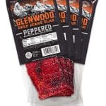 Glenwood Peppered beef jerky, 12-pack of 1.6 oz slabs in display packaging.