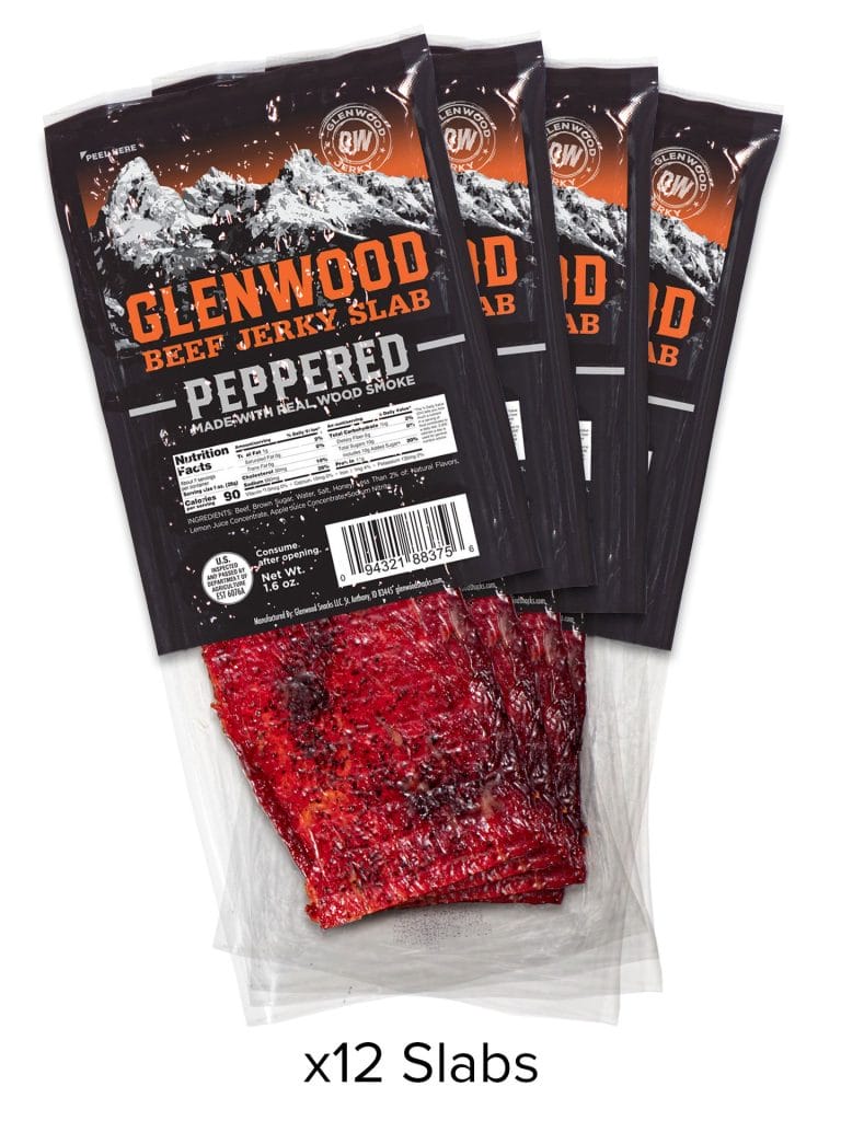 Glenwood Peppered beef jerky, 12-pack of 1.6 oz slabs in display packaging.