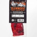 Glenwood Peppered beef jerky slabs, 12-pack of 1.6 oz packages in display packaging.