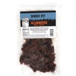 Glenwood Smoke Pit Beef Jerky in a clear resealable bag with front nutrition label.
