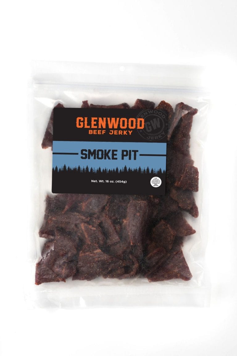 Glenwood Beef Jerky Smoke Pit flavor, 16 oz resealable bag.