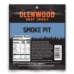 Back of Glenwood Beef Jerky Smoke Pit bag showing nutrition facts, ingredients, and barcode.