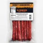 Glenwood Honey Habanero meat sticks in clear resealable bag with front nutrition label.