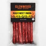 Glenwood Maui Sweet Onion meat sticks 10oz pack with palm tree sunset design and clear resealable bag.