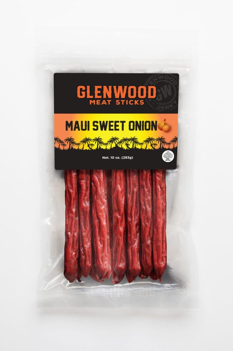 Glenwood Maui Sweet Onion meat sticks 10oz pack with palm tree sunset design and clear resealable bag.