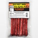 Glenwood Maui Sweet Onion meat sticks in clear pack with sunset palm label and nutrition facts.
