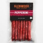 Glenwood Pepperoni meat sticks, 10 oz pack in clear resealable bag.