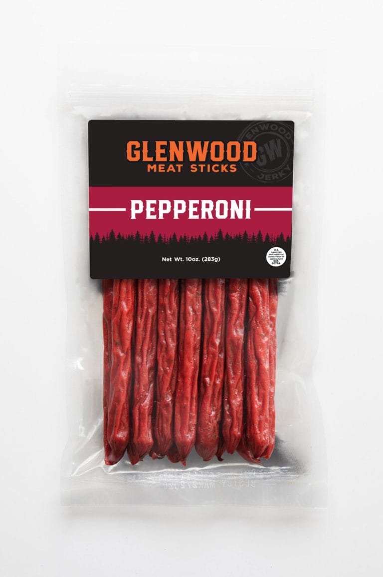 Glenwood Pepperoni meat sticks, 10 oz pack in clear resealable bag.