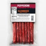 Glenwood Pepperoni meat sticks back of pack with nutrition facts and ingredients, 10 oz bag.