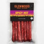 Glenwood Spicy Hot meat sticks in clear resealable bag with front nutrition label.