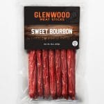 Glenwood Sweet Bourbon meat sticks 10oz package, vacuum sealed, showing several red beef snack sticks.