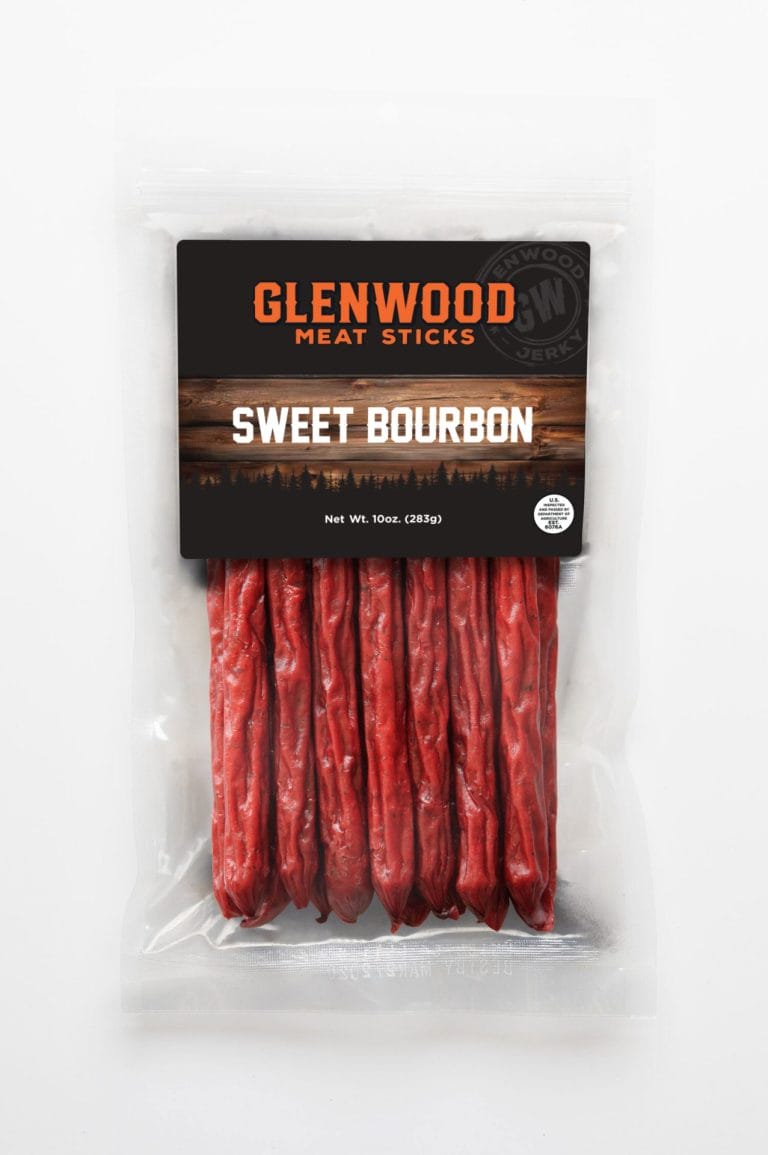 Glenwood Sweet Bourbon meat sticks 10oz package, vacuum sealed, showing several red beef snack sticks.