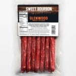 Back view of Glenwood Sweet Bourbon meat sticks package showing nutrition facts and ingredients label.