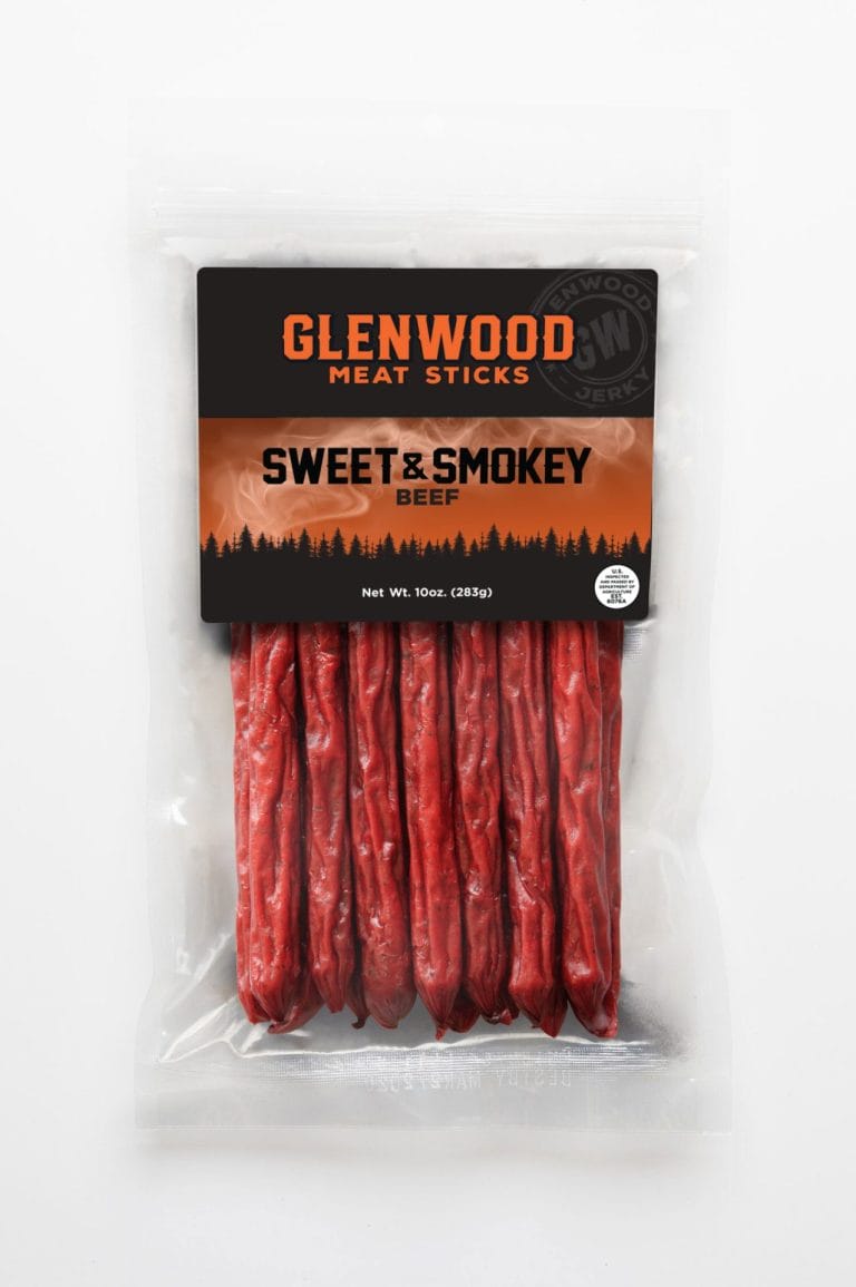 Glenwood Sweet & Smokey Beef Sticks 10oz pack with forest silhouette label and clear resealable bag.