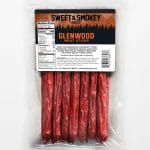 Glenwood Sweet & Smokey Beef Sticks in clear pack with forest label and visible red meat sticks.