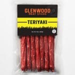 Glenwood Teriyaki meat sticks, 10 oz pack in clear resealable bag.