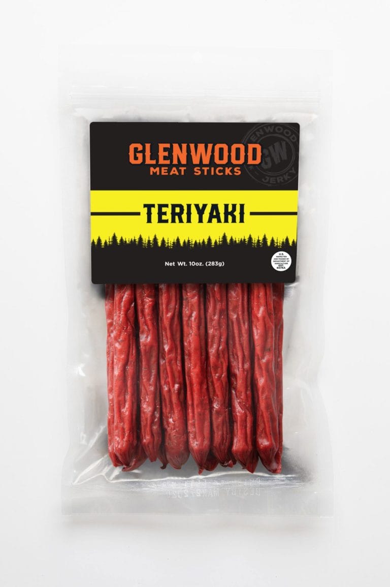 Glenwood Teriyaki meat sticks, 10 oz pack in clear resealable bag.