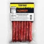Glenwood Teriyaki meat sticks back of pack with nutrition facts and ingredients panel, 10 oz bag.