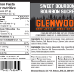 Back label of Glenwood Sweet Bourbon Canadian beef jerky showing bilingual nutrition facts and ingredients.