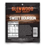 Back view of Glenwood Sweet Bourbon beef jerky package with nutrition facts, barcode, and product story.