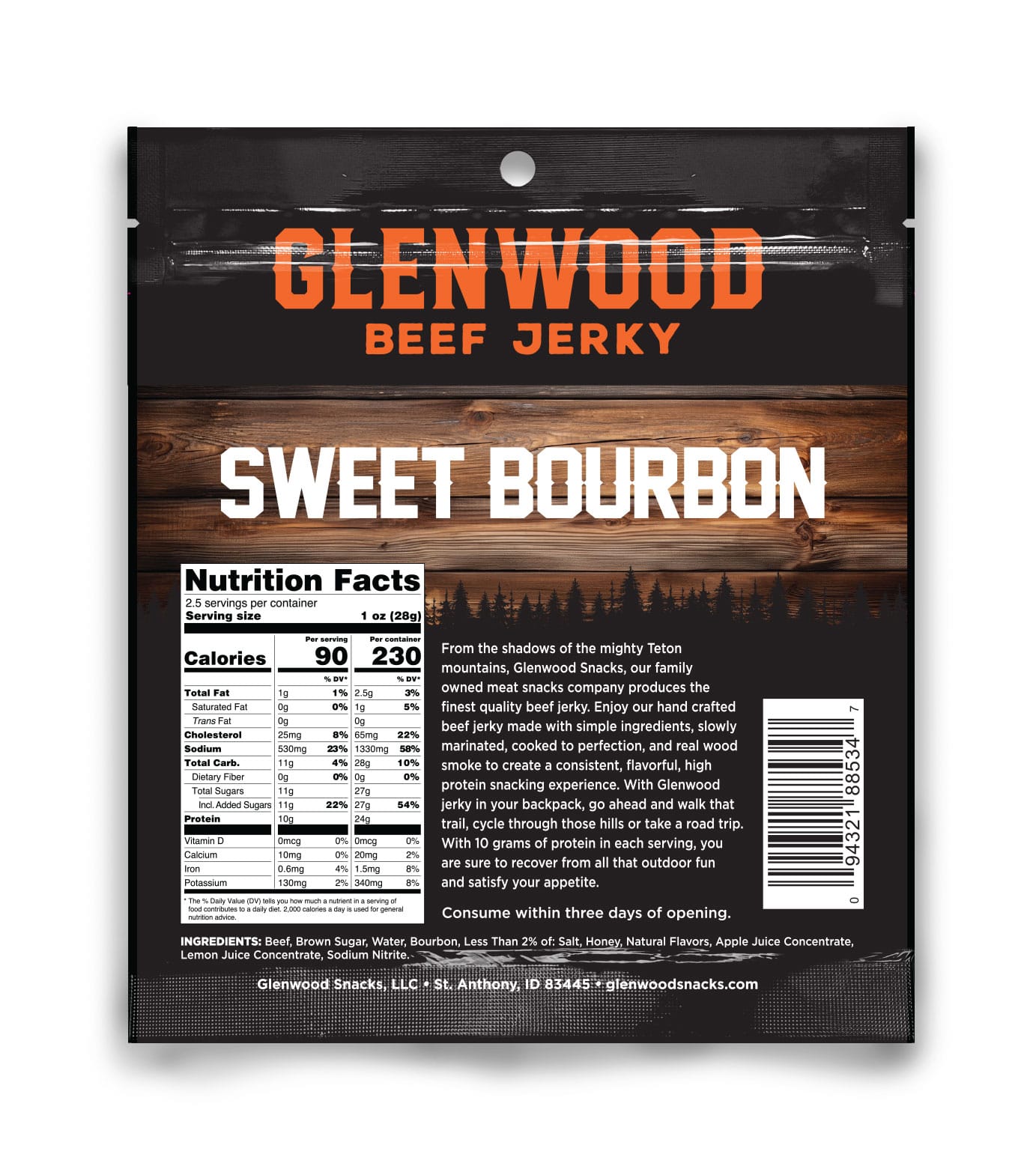 OriginalMockup Back view of Glenwood Sweet Bourbon beef jerky package with nutrition facts, barcode, and product story.