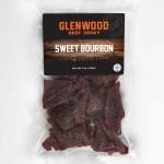 Glenwood Sweet Bourbon beef jerky 9oz package with dark jerky pieces in clear vacuum-sealed bag.