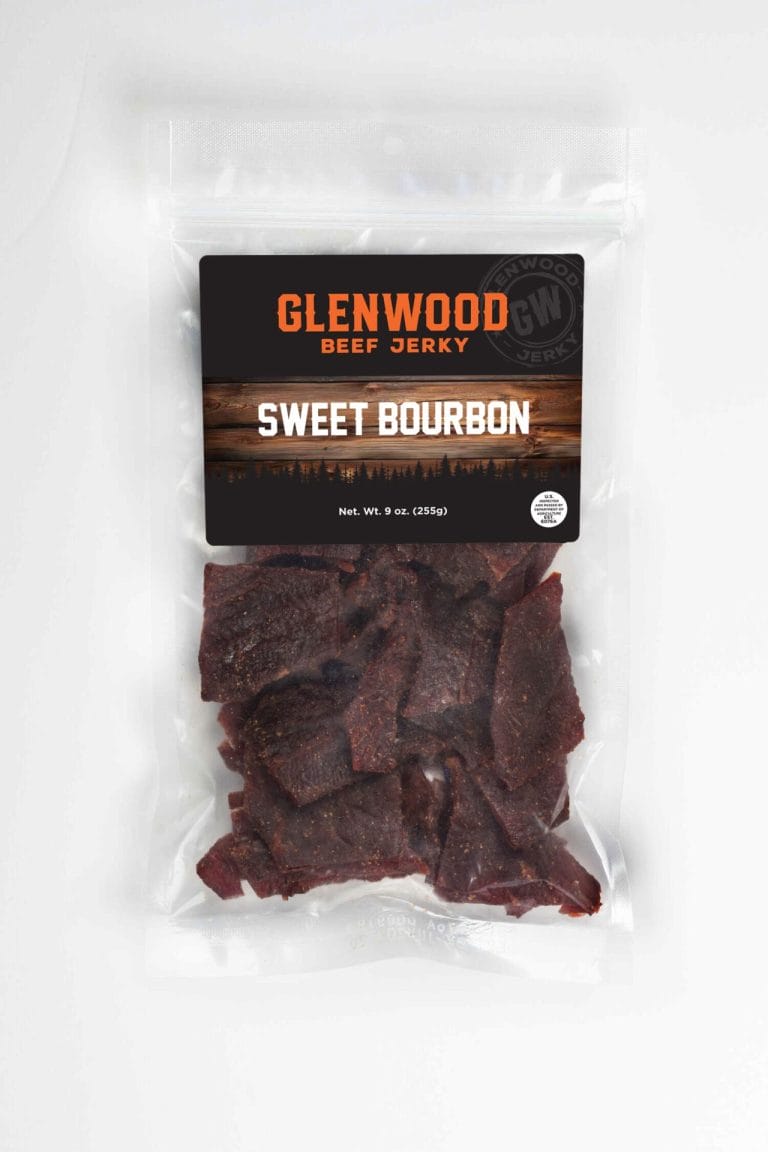 Glenwood Sweet Bourbon beef jerky 9oz package with dark jerky pieces in clear vacuum-sealed bag.
