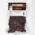 Back view of Glenwood Sweet Bourbon beef jerky 9oz package with nutrition facts and ingredients label.