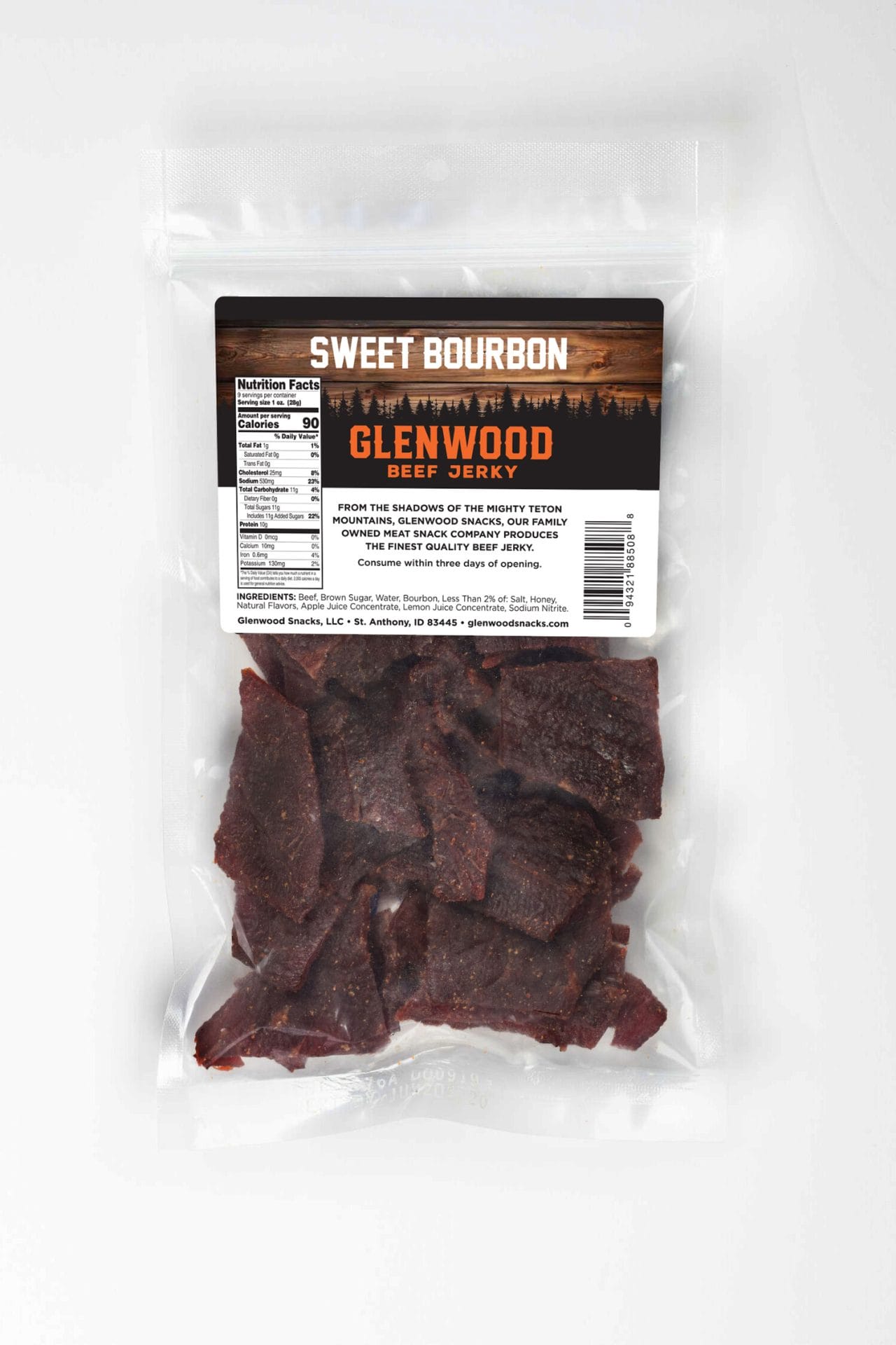SweetBourbon-9oz-BACK Back view of Glenwood Sweet Bourbon beef jerky 9oz package with nutrition facts and ingredients label.