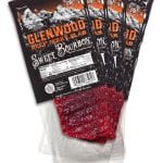 Glenwood Sweet Bourbon Beef Jerky Slab 12-pack with mountain label and visible red jerky slices.